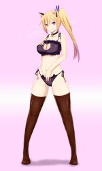 Rule 34 | 10s, 1girl, absurdres, animal ears, aster crowley, bare shoulders, bell, black bra, black panties, black thighhighs, blonde hair, bra, breasts, brown thighhighs, cat ear panties, cat ears, cat girl, cat lingerie, choker, cleavage, cleavage cutout, clothing cutout, female focus, hair ribbon, hand on own chest, highres, jingle bell, kawakami mai, large breasts, legs, lingerie, long hair, looking at viewer, meme attire, midriff, mole, mole on thigh, mole under eye, musaigen no phantom world, navel, neck, neck bell, no shoes, panties, pink background, ribbon, shadow, side-tie panties, side ponytail, smile, solo, standing, thighhighs, underwear