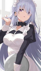 Rule 34 | 1girl, apron, breasts, choker, collarbone, dress, frilled choker, frills, hair over eyes, hand in own hair, highres, holding, holding tray, juliet sleeves, large breasts, long hair, long sleeves, looking at viewer, maid, maid headdress, multiple piercings, original, puffy sleeves, purple eyes, silver hair, sleeve cuffs, solo, takehana note, tray