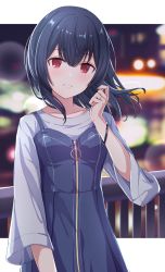 Rule 34 | 1girl, alisia0812, black dress, black hair, blurry, blurry background, blush, breasts, brown nails, collarbone, commentary request, depth of field, dress, fingernails, hair between eyes, hand up, highres, idolmaster, idolmaster shiny colors, jewelry, long hair, long sleeves, looking at viewer, morino rinze, parted lips, railing, red eyes, ring, shirt, sleeveless, sleeveless dress, small breasts, smile, solo, white shirt, wide sleeves