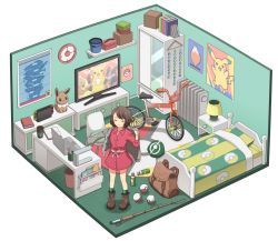 Rule 34 | 1girl, backpack, bag, bed, bob cut, book, boots, brown bag, buttons, cardigan, chair, clock, closed eyes, closed mouth, clothes hanger, collared dress, commentary request, creatures (company), desk, dress, dressing, eevee, fishing rod, game freak, gen 1 pokemon, gen 4 pokemon, gloria (pokemon), green headwear, grey cardigan, hat, itou (mogura), nintendo, nintendo switch, pikachu, pink dress, poke ball, poke ball (basic), pokemon, pokemon (creature), pokemon swsh, poster (object), rotom, rotom bike, sash, shelf, short hair, smile, socks, standing, tam o&#039; shanter, television, trash can, unworn backpack, unworn bag, unworn headwear, wardrobe