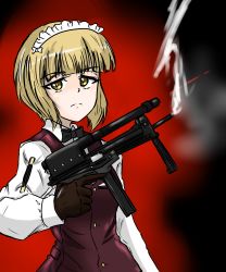 Rule 34 | 1girl, absurdres, arm garter, bartender, black bow, black bowtie, black gloves, blonde hair, blunt bangs, bob cut, bow, bowtie, brown vest, closed mouth, commentary, cutlass (girls und panzer), dress shirt, frown, girls und panzer, gloves, gun, highres, holding, holding gun, holding weapon, laser, laser pointer projection, long sleeves, looking at viewer, moesenyukikaze, shirt, short hair, smoke, solo, submachine gun, trigger discipline, vest, weapon, weapon request, white shirt, wing collar, yellow eyes