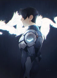 Rule 34 | 1boy, armor, arms at sides, bird, black hair, blue background, blue bodysuit, bodysuit, character request, chest protector, closed mouth, commentary, covered eyes, cowboy shot, english commentary, flock, from side, glowing, glowing bird, highres, light particles, male focus, pauldrons, profile, short hair, shoulder armor, simple background, solo, vizerothree, voltron: legendary defender, voltron (series)