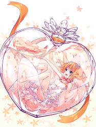 Rule 34 | 1girl, :d, artist name, blonde hair, blush, bottle, bubble, commentary, commission, dress, flower, full body, green eyes, hair between eyes, hair flower, hair ornament, highres, holding, holding flower, hyanna-natsu, long hair, open mouth, outstretched arm, perfume bottle, petals, reaching, reaching towards viewer, sakura trick, smile, solo, sonoda yuu, submerged, sundress, twintails, white background, white dress