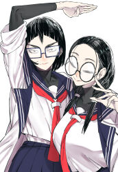 Rule 34 | 2girls, :&gt;, arm up, black hair, blue sailor collar, breasts, closed eyes, closed mouth, glasses, hand up, highres, long hair, looking at viewer, multiple girls, original, round eyewear, sailor collar, school uniform, shirt, short hair, simple background, sudeni sokurou, v-shaped eyebrows, white background, white shirt