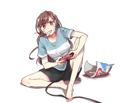Rule 34 | 1girl, barefoot, black shorts, brown eyes, brown hair, chips (food), controller, d.va (overwatch), eyebrows, facepaint, facial mark, food, holding with feet, full body, game controller, gamepad, headphones, ieru1826, knee up, long hair, mouth hold, overwatch, overwatch 1, playing games, shirt, short sleeves, shorts, simple background, sitting, solo, whisker markings, white background