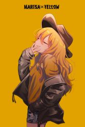 Rule 34 | 1girl, alternate costume, black jacket, blonde hair, bow, braid, brown hat, closed eyes, closed mouth, from side, hair between eyes, hair bow, hand in pocket, hand up, hat, highres, jacket, kirisame marisa, long hair, long sleeves, orange background, shirt, short shorts, shorts, side braid, simple background, smile, solo, standing, striped, striped bow, touhou, uchisaki himari, yellow background, yellow bow, yellow shirt