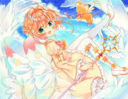 Rule 34 | 1girl, :d, bad id, bad pixiv id, blue sky, blush, bow, brown dress, cardcaptor sakura, cloud, commentary, creature, day, dress, feathered wings, frilled dress, frills, green eyes, hair between eyes, hair ornament, highres, holding, holding staff, juliet sleeves, kero (cardcaptor sakura), kinomoto sakura, long hair, long sleeves, looking at viewer, looking back, marker (medium), open mouth, outdoors, pantyhose, pink neckwear, puffy sleeves, puu (kari---ume), see-through, shoes, sidelocks, sky, smile, staff, star (symbol), star hair ornament, traditional media, white bow, white footwear, white pantyhose, white wings, wings, yume no tsue