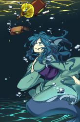 Rule 34 | 1girl, blue eyes, blue hair, breasts, broken, bubble, caustics, commentary, fins, furorina, green kimono, hand on own chest, head fins, japanese clothes, kimono, long hair, long sleeves, mermaid, monster girl, obi, parted lips, phonograph, sad, sash, solo, tearing up, touhou, underwater, wakasagihime, wide sleeves