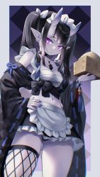Rule 34 | 1girl, :t, apron, black hair, border, collar, colored skin, female focus, fishnet thighhighs, fishnets, food, hand on own hip, highres, holding, holding food, horns, jewelry, looking at viewer, maid apron, mitake eil, nail polish, navel, oni, oni horns, original, outside border, pendant, pointy ears, pout, purple eyes, purple nails, purple skin, sarashi, setsubun, single thighhigh, skirt, slit pupils, solo, spiked collar, spikes, thighhighs, tsurime, twintails, white border, wide sleeves