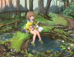 Rule 34 | 1girl, ahoge, alternate costume, backpack, bag, black frog, black shorts, blue eyes, blue sky, blush, book, bottle, brown hair, coat, collared shirt, crocs, dirt, dirt road, flower, freckles, frog, full body, girutea, grass, green eyes, green footwear, green shirt, hooded shirt, indie virtual youtuber, instrument, jacket, leaf, leaf on head, leaves on hair, legs, legs apart, lily (flower), lily hopkins, lily pad, log, logs, looking at viewer, moss, nature, notebook, open mouth, outdoors, paper, pond, road, sheet music, shirt, shorts, sky, smile, snack, snail, tagme, teeth, tongue, tree, ukulele, upper teeth only, virtual youtuber, water, water bottle, wood, wooden post, woods, yellow coat, yellow jacket