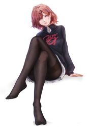 Rule 34 | 1girl, absurdres, arm support, black pantyhose, black sweater, breasts, brown hair, closed mouth, commentary, convenient leg, crossed legs, english commentary, eyelashes, feet, full body, hair ornament, hairclip, highres, higuchi madoka, idolmaster, idolmaster shiny colors, knee up, legs, lips, long sleeves, looking at viewer, medium breasts, medium hair, mole, mole under eye, n7grey, no shoes, pantyhose, parted bangs, pink eyes, shadow, shirt, simple background, sitting, skirt, solo, sweater, thighband pantyhose, toes, white background, white skirt