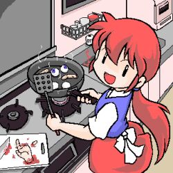 Rule 34 | 13th coffin, 1girl, :d, blood, cannibalism, cooking, cutting board, eyeball, frying pan, guro, indoors, jaggy lines, kitchen, knife, low ponytail, lowres, oekaki, open mouth, original, ponytail, red hair, red skirt, severed finger, severed hand, short sleeves, sink, skirt, smile, solo, spatula, stove