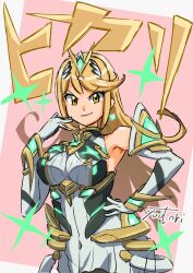 1girl arm_guards bare_shoulders black_pantyhose blonde_hair breasts chest_jewel dress earrings elbow_gloves floating_earring gloves hand_on_own_hip hand_up highres jewelry large_breasts long_hair microdress mythra_(massive_melee)_(xenoblade) mythra_(xenoblade) neon_trim pantyhose solo swept_bangs tiara upper_body v-shaped_eyebrows very_long_hair white_dress white_gloves xenoblade_chronicles_(series) xenoblade_chronicles_2 yellow_eyes you_bird