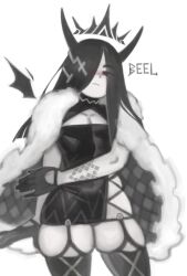 Rule 34 | 1boy, androgynous, bare shoulders, black eyes, black hair, character name, cleavage cutout, clothing cutout, crossdressing, curvy, demon boy, devil (kelvin hiu), dress, expressionless, fingernails, highres, horns, jewelry, kelvin hiu, long hair, looking at viewer, midriff, mini wings, original, pale skin, piercing, revealing clothes, shiny skin, short dress, sidelocks, sleeveless, tattoo, thighhighs, trap, turtleneck, v-shaped eyebrows, white hair, wide hips, wings, wrist belt, yellow eyes