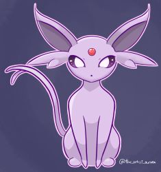 Rule 34 | animal focus, animal hands, artist name, closed mouth, creature, creatures (company), espeon, forehead jewel, forked tail, full body, game freak, gen 2 pokemon, highres, looking at viewer, nintendo, no humans, pokemon, pokemon (creature), purple background, purple eyes, simple background, sitting, solo, tail, theartistaurora, twitter username