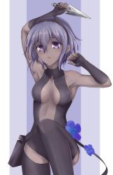 Rule 34 | 1girl, :o, araibu (kaziki21), arm up, armpits, black gloves, black thighhighs, breasts, commentary request, dark-skinned female, dark skin, fate (series), fingerless gloves, flower, gloves, hair between eyes, hassan of serenity (fate), headband, highres, holding, holding weapon, kunai, leg up, looking at viewer, medium breasts, open mouth, purple eyes, purple hair, short hair, sleeveless, solo, standing, standing on one leg, thighhighs, weapon