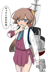 Rule 34 | 1girl, absurdres, adapted turret, aqua necktie, blue eyes, brown hair, collared shirt, commentary request, cowboy shot, dress, dress shirt, gradient hair, hair ribbon, highres, kantai collection, kazagumo (kancolle), long hair, machinery, multicolored hair, necktie, pleated dress, ponytail, purple dress, ribbon, shirt, simple background, solo, torn clothes, translation request, tsuru (thunder tsuru), white background, white shirt