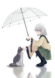 Rule 34 | 0krmi, 1girl, black footwear, boots, cat, closed mouth, from side, full body, green eyes, highres, holding, holding umbrella, komeiji koishi, long sleeves, shirt, short hair, simple background, smile, touhou, transparent, transparent umbrella, umbrella, white background, white hair, wide sleeves, yellow shirt