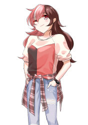 Rule 34 | 1girl, ;), absurdres, alternate costume, blush, brown hair, casual, clothes around waist, denim, hands in pockets, highres, jeans, long hair, looking at viewer, multicolored hair, multicolored shirt, neo politan, one eye closed, pants, pink eyes, pink hair, rwby, smile, solo, sweater, sweater around waist, tl (xdd), torn clothes, torn pants, white background