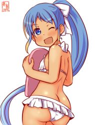 Rule 34 | 1girl, alternate costume, artist logo, ass, back, bikini, bikini skirt, blue eyes, blue hair, blush, butt crack, commentary request, cowboy shot, dated, flat chest, frilled bikini, frills, from behind, gradient hair, kanon (kurogane knights), kantai collection, kickboard, long hair, looking at viewer, looking back, multicolored hair, one-hour drawing challenge, one-piece tan, one eye closed, open mouth, ponytail, samidare (kancolle), simple background, solo, swept bangs, swimsuit, tan, tanline, very long hair, white background, white bikini