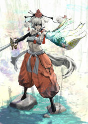 Rule 34 | 1girl, alternate costume, alternate weapon, animal ears, bombomb25, detached sleeves, female focus, frown, hat, highres, inubashiri momiji, red eyes, short hair, silver hair, single sleeve, solo, standing, sword, tail, tokin hat, touhou, weapon, wolf ears, wolf tail