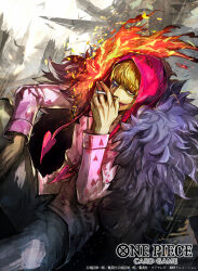 Rule 34 | 1boy, blonde hair, cigarette, coat, commentary, donquixote rocinante, english commentary, english text, fur coat, heart, heart print, holding, holding cigarette, hood, hood up, long sleeves, looking at viewer, makeup, male focus, mixed-language commentary, nijihayashi, official art, one piece, one piece card game, red hood, short hair, solo, translation request