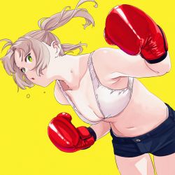 Rule 34 | 1girl, alternate costume, antenna hair, blue shorts, boxing, boxing gloves, bra, breasts, cleavage, green eyes, grey hair, highres, kantai collection, kinugasa (kancolle), medium breasts, ojipon, open mouth, short shorts, shorts, simple background, solo, sports bra, sweat, twintails, underwear, white bra, yellow background
