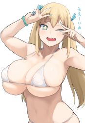 Rule 34 | 1girl, accio, armpits, bad id, bad pixiv id, bare shoulders, bikini, blonde hair, blue eyes, blue nails, bracelet, breasts, fang, fingernails, hands up, huge breasts, jewelry, long hair, looking at viewer, nail polish, one eye closed, original, simple background, skindentation, solo, star-shaped pupils, star (symbol), swimsuit, symbol-shaped pupils, twintails, upper body, v, w, white background, white bikini