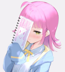 Rule 34 | 1girl, ahoge, blue jacket, blue shirt, blunt bangs, blush, closed mouth, collarbone, commentary request, covering one eye, grey background, hand up, holding, holding drawing, hood, hood down, jacket, long sleeves, looking at viewer, love live!, love live! nijigasaki high school idol club, medium hair, mignon, neck ribbon, nijigasaki academy school uniform, open clothes, open jacket, pink hair, ribbon, school uniform, shirt, simple background, sleeves past fingers, sleeves past wrists, smile, solo, striped, tennoji rina, upper body, yellow eyes, yellow ribbon