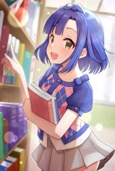 Rule 34 | absurdres, blue hair, blue sleeves, book, book stack, braid, bubble, checkered clothes, checkered shirt, commentary request, day, grey skirt, hand up, highres, holding, holding book, idolmaster, idolmaster million live!, idolmaster million live! theater days, indoors, light blush, looking at viewer, miniskirt, nanao yuriko, open mouth, pleated skirt, pointing, puffy short sleeves, puffy sleeves, shiro (branch0126), shirt, short hair, short sleeves, skirt, smile, solo, sunlight, teeth, upper teeth only, window, yellow eyes