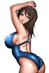 Rule 34 | 1girl, absurdres, arched back, arms up, ass, back cutout, bad id, bad pixiv id, blue one-piece swimsuit, breasts, brown eyes, brown hair, clothing cutout, commentary, competition swimsuit, cowboy shot, from behind, girls und panzer, half-closed eyes, highres, large breasts, leaning forward, looking at viewer, looking back, medium hair, mika (girls und panzer), one-piece swimsuit, open mouth, simple background, smile, solo, swimsuit, takefu jiin, wet, white background