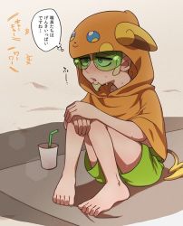 Rule 34 | 1boy, alolan form, alolan raichu, alternate costume, barefoot, blonde hair, blush, chacha (ss 5087), character print, commentary request, creatures (company), cup, drinking straw, faba (pokemon), facial hair, game freak, gen 7 pokemon, goatee, green-tinted eyewear, green shorts, hood, hood up, knees together feet apart, male focus, nintendo, pigeon-toed, pokemon, pokemon sm, pokemon tail, short hair, shorts, sitting, solo, sunglasses, sweat, tail, thought bubble, tinted eyewear, toes, translation request