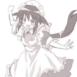 Rule 34 | 1girl, absurdres, andou mahoro, apron, blush, highres, looking at viewer, mahoromatic, maid, maid apron, maid headdress, monochrome, simple background, smile