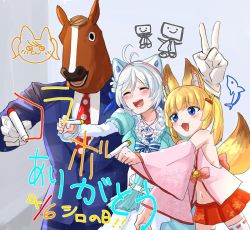 Rule 34 | .live, 1boy, 2girls, ahoge, animal ears, armpits, bacharu (youtube), bell, black eyes, blonde hair, blue dress, blue eyes, blue suit, blush, cat ears, commentary, detached sleeves, dorianman, drawing on fourth wall, dress, formal, fox ears, gloves, hair ornament, hairclip, highres, horse mask, jewelry, jingle bell, kemomimi oukoku kokuei housou, long sleeves, marker, mask, midriff, mikoko (kemomimi oukoku kokuei housou), miniskirt, multiple girls, navel, necklace, necktie, no bra, open mouth, red neckwear, red skirt, short hair, dennou shoujo siro, skirt, smile, suit, teeth, thighhighs, twintails, v, virtual youtuber, white gloves, white hair, writing