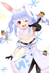 Rule 34 | 1girl, ;d, absurdres, ahoge, animal ear fluff, animal ears, bad id, bad pixiv id, black gloves, black leotard, blue hair, braid, breasts, carrot, carrot hair ornament, coat, coat dress, don-chan (usada pekora), dress, food-themed hair ornament, fur trim, gloves, hair ornament, highres, hololive, leotard, long hair, looking at viewer, multicolored hair, obu (da1103ll), one eye closed, open mouth, pocket, pointing, pointing at viewer, rabbit-shaped pupils, rabbit ears, rabbit girl, red eyes, round teeth, short eyebrows, small breasts, smile, solo, star (symbol), strapless, strapless coat, strapless dress, symbol-shaped pupils, teeth, twin braids, twintails, two-tone hair, usada pekora, usada pekora (1st costume), virtual youtuber, white background, white coat, white hair