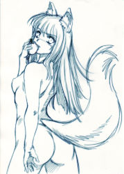 Rule 34 | 00s, 1girl, animal ears, apple, ass, breasts, eating, food, fruit, hisahiko, holding, holding food, holding fruit, holo, monochrome, nude, small breasts, solo, spice and wolf, tail, wolf ears, wolf tail