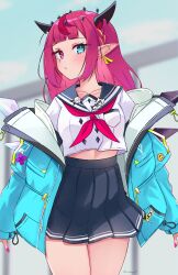Rule 34 | 1girl, absurdres, aqua jacket, black skirt, blue eyes, blunt bangs, blush, braid, breasts, commentary, crystal wings, english commentary, halo, heterochromia, highres, hololive, hololive english, horns, irys (gaming casual) (hololive), irys (hololive), jacket, long hair, long sleeves, magui3, medium breasts, midriff peek, multicolored hair, nail polish, neckerchief, official alternate costume, open clothes, open jacket, pleated skirt, pointy ears, purple hair, purple nails, purple neckerchief, red hair, sailor collar, school uniform, shirt, skirt, solo, star halo, streaked hair, twitter username, virtual youtuber, white shirt