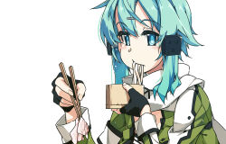 Rule 34 | 1girl, black gloves, blue eyes, blue hair, bowl, chopsticks, eating, fingerless gloves, food, gloves, green jacket, hair ornament, hairclip, holding, holding bowl, holding chopsticks, jacket, long sleeves, looking at viewer, noodles, scarf, shikei, short hair, sinon, solo, sword art online, upper body, white background, white scarf