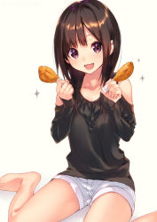 Rule 34 | 1girl, :3, :d, bare shoulders, barefoot, black shirt, blouse, chicken (food), food, fried chicken, grey background, hands up, holding, holding food, long hair, looking at viewer, open mouth, original, shirt, short shorts, shorts, simple background, sitting, smile, solo, sparkle, sushikuugo (suisen), thighs, wariza, white shorts