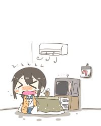 Rule 34 | &gt; &lt;, 10s, 1girl, air conditioner, black hair, calendar (object), crying, cup, closed eyes, fubuki (kancolle), hanten (clothes), inishie, kantai collection, kotatsu, open mouth, ponytail, school uniform, serafuku, sidelocks, table, teacup, tears, television, yunomi
