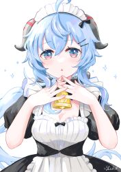 Rule 34 | 1girl, alternate costume, apron, bell, blue eyes, commentary request, enmaided, frilled apron, frills, ganyu (genshin impact), genshin impact, goat horns, hair between eyes, highres, horns, long hair, looking at viewer, low ponytail, maid, maid apron, maid headdress, neck bell, parted lips, purple eyes, short sleeves, sidelocks, simple background, solo, triangle mouth, white background, yutukicom