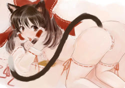 Rule 34 | 1girl, all fours, animal ears, ass, bow, breasts, brown eyes, brown hair, censored, convenient censoring, detached sleeves, female focus, hair bow, hair ribbon, hakurei reimu, japanese clothes, kemonomimi mode, kito (coyo), long hair, looking back, maebari, miko, nude, ofuda, ribbon, ribbon-trimmed legwear, ribbon-trimmed sleeves, ribbon trim, sketch, solo, tail, tail censor, talisman, thighhighs, tongue, touhou, white thighhighs