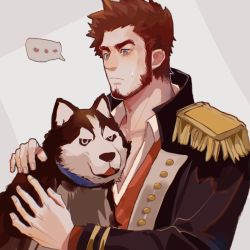Rule 34 | 1boy, amaimochi, bara, beard, blank speech bubble, blue eyes, blush, brown hair, dog, epaulettes, facial hair, fate/grand order, fate (series), long sideburns, long sleeves, male focus, military, military uniform, napoleon bonaparte (fate), open clothes, pectorals, sideburns, simple background, smile, solo, speech bubble, uniform