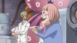 Rule 34 | 1boy, 2girls, animated, animated gif, blonde hair, blush, brown eyes, brown hair, charlotte chiffon, charlotte pudding, eating, food, long hair, multiple girls, one piece, sanji (one piece), short hair, siblings, sisters, smile, talking, trembling, twintails