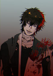 Rule 34 | 1boy, absurdres, bandages, black hair, blood, bloody bandages, collarbone, emblem, flower, gam17m, gradient background, highres, hizen tadahiro, looking at viewer, male focus, multicolored hair, open mouth, red eyes, red hair, short hair, simple background, smile, solo, spider lily, touken ranbu, upper body