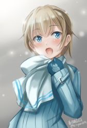 Rule 34 | 1girl, :d, artist name, blonde hair, blue coat, blue eyes, blue gloves, brave witches, coat, fang, from side, gloves, haruhata mutsuki, long sleeves, looking at viewer, looking back, military, military uniform, nikka edvardine katajainen, open mouth, scarf, short hair, signature, smile, snow, solo, standing, striped, twitter username, uniform, upper body, vertical stripes, white scarf, world witches series