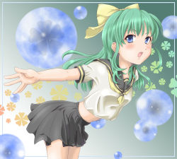 Rule 34 | 00s, bad id, bad pixiv id, blue eyes, bubble, green hair, long hair, midriff, onegai twins, onodera karen, outstretched arms, school uniform, serafuku, solo, spread arms