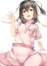Rule 34 | 1girl, animal ears, black hair, blush, carrot necklace, cowboy shot, dress, floppy ears, hair between eyes, hand up, inaba tewi, jewelry, looking at viewer, necklace, open mouth, pink dress, pink eyes, rabbit ears, short hair, short sleeves, simple background, solo, sugiyuu, touhou, white background