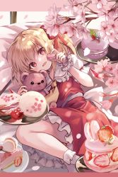 Rule 34 | 1girl, :3, :o, ascot, back bow, blonde hair, blush, bow, branch, cake, collarbone, commentary request, eyelashes, falling petals, feet out of frame, flandre scarlet, food, frilled shirt collar, frilled skirt, frills, highres, holding, holding food, kure~pu, lying, macaron, no headwear, on bed, on side, one side up, open mouth, petals, plate, puffy short sleeves, puffy sleeves, red eyes, red skirt, red vest, sash, short hair, short sleeves, short socks, skirt, socks, solo, strawberry shortcake, stuffed animal, stuffed toy, teddy bear, touhou, tray, vest, white sash, white socks, wings, wrist cuffs, yellow ascot