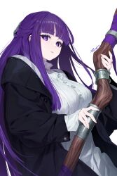 Rule 34 | 1girl, absurdres, black coat, breasts, closed mouth, coat, dress, fern (sousou no frieren), highres, holding, holding staff, large breasts, layered sleeves, long hair, looking at viewer, purple eyes, purple hair, signature, simple background, sleeves past wrists, solo, sousou no frieren, staff, tizibade, upper body, very long hair, white background, white dress